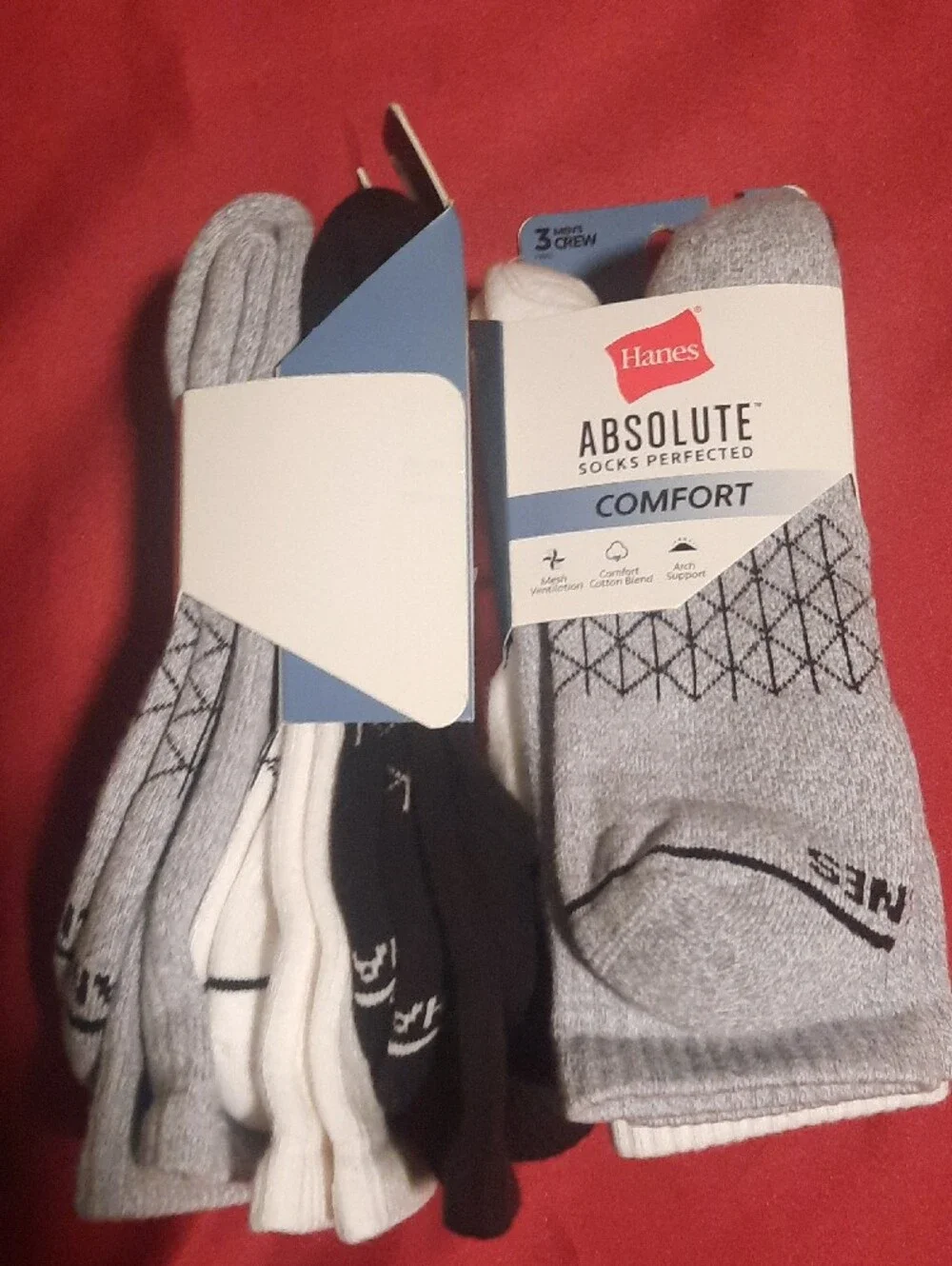 2 Hanes Absolute Comfort Mens Crew Socks - 3 Pack 6 Total Pair